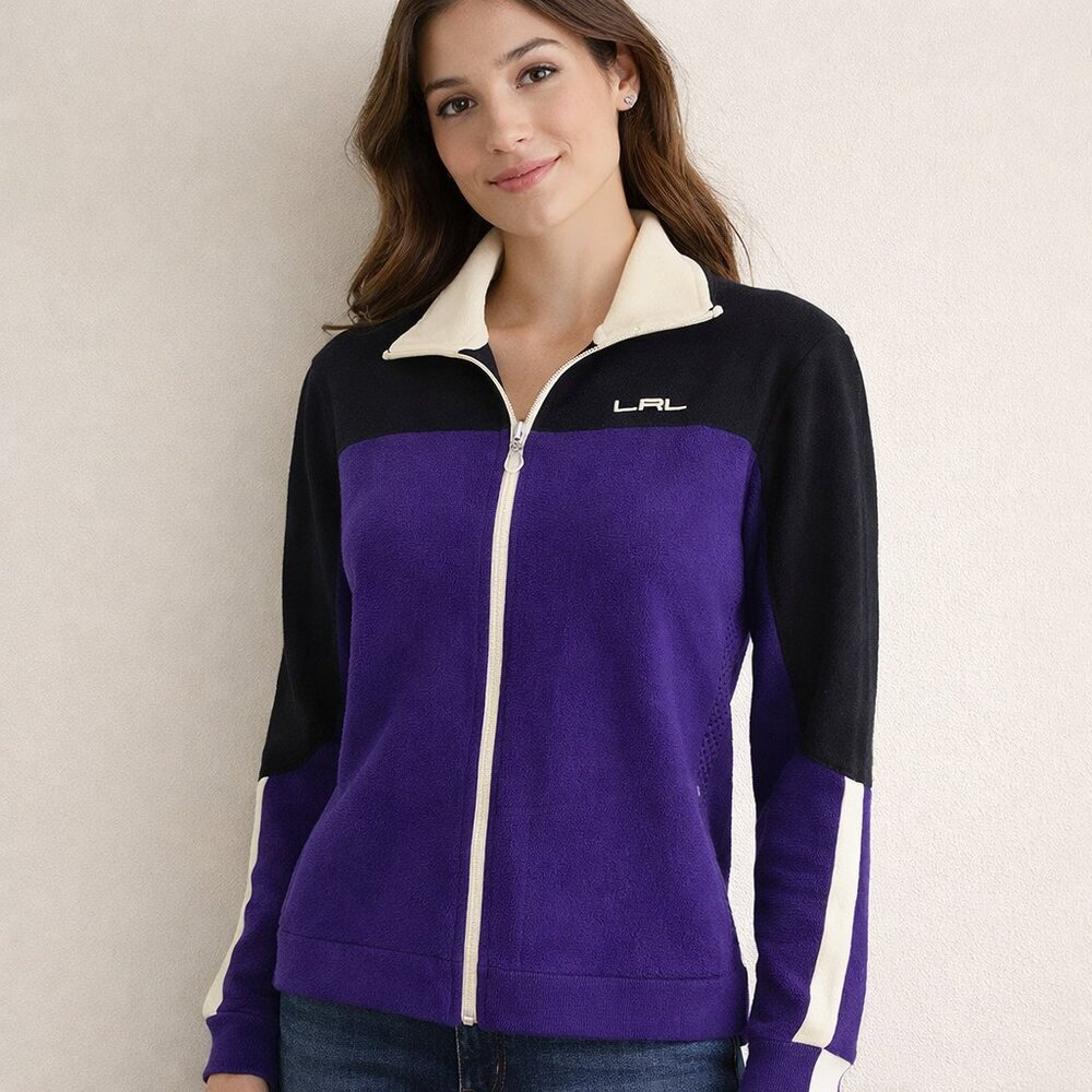 LRL Active Vintage Colorblock Zip Up Jacket XL 100% Cotton Retro Streetwaer